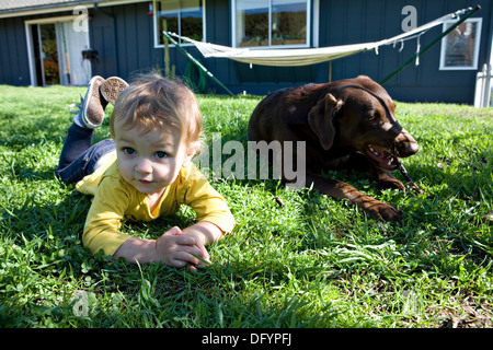 Niedlichen Kleinkind Mädchen spielen mit ihrem Hund auf der Wiese Stockfoto