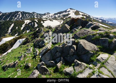 Frankreich, Ariège - D25 Weg, pass Col de Paillères oder Pailheres, von Ost nach Ax-Les-Thermes. Der Gipfel mit Schnee im Juni. Stockfoto