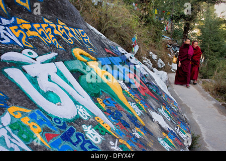 Inschriften auf Gebet geschnitzt Steinen in Lhagyal-Ri, in der Nähe von Tsuglagkhang complex, McLeod Ganj, Dharamsala, Himachal Pradesh Zustand Stockfoto