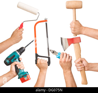 Verschiedene Werkzeuge in die Hand eines Mannes. Stockfoto