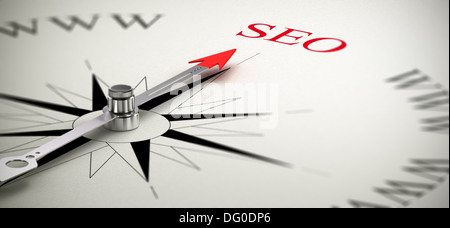 Kompass mit der Nadel nach dem Wort SEO, Search Engine Optimization Konzept Bild. Stockfoto