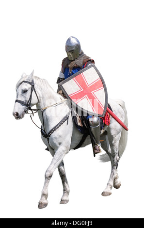 Gepanzerte Ritter auf weißen Schlachtross isoliert auf weiss Stockfoto