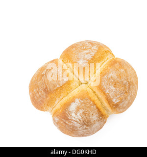 Vier Brötchen Brot auf weißem Hintergrund, mit Platz für Ihren Text von oben geschossen Stockfoto