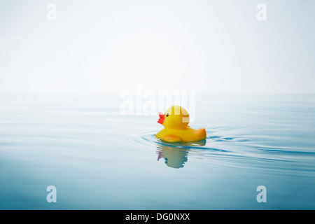 gelbe Gummiente schwimmen auf dem Wasser mit Wellen und Wellen Stockfoto