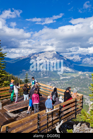 Besucher auf eine Aussichtsplattform auf Sulphur Mountain Gipfel mit Blick auf Banff Nationalpark Alberta Rockies Kanada Stockfoto