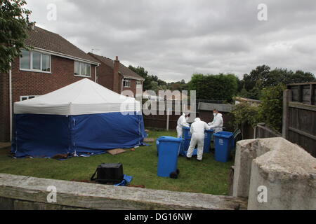 Mansfield, Nottinghamshire. 11. Oktober 2013. Polizeitätigkeit in Garten 2 Blenheim schließen, Wald-Stadt, Mansfield, nach der Entdeckung der Überreste von zwei Körpern, die durch ausgegraben wurden Nottinghamshire Polizei gestern (Donnerstag, 10. Oktober 2013). Bildnachweis: Deborah Vernon/Alamy Live-Nachrichten Stockfoto