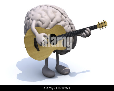 menschlichen Gehirns mit Armen und Beinen, Gitarre, Musik Lernkonzepte. Stockfoto