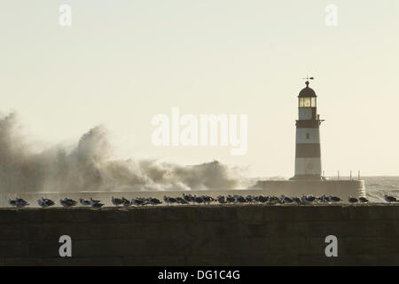 Wellen, die über die Hafenmauer in Seaham, County Durham an der nordöstlichen Küste von England, Vereinigtes Königreich Stockfoto