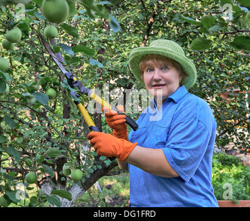 Ältere Frau hält in Händen Schere auf einem Hintergrund von Apfelbäumen Stockfoto
