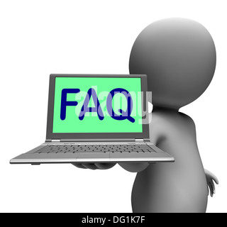FAQ-Laptop Charakter zeigen Antworten und häufig gestellte Fragen Stockfoto
