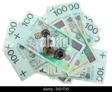 Geld und sparen-Konzept. Stapel von 100 polnische Złoty-Banknoten Münzen Währung isoliert auf weiss Stockfoto