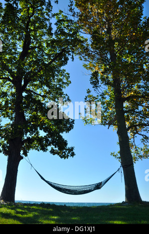 Hängematte zwischen zwei Bäumen am Ufer des Lake Ontario New York Stockfoto