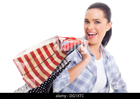 hübsche Frau mit Einkaufstüten auf weißem Hintergrund Stockfoto