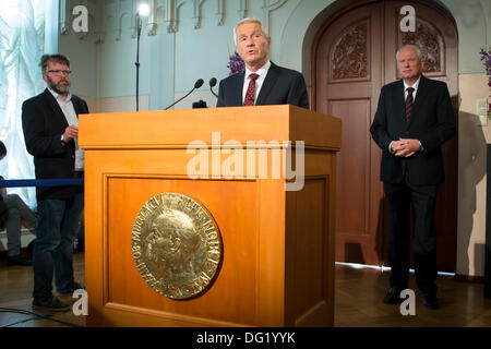 Oslo, Norwegen. 11. Oktober 2013. Das norwegische Nobel-Komitee Bekanntgabe der Gewinner des 2013-Nobelpreis für den Frieden auf einer Pressekonferenz am Nobel-Institut in Oslo, Norwegen, am 11. Oktober 2013 © Scott London/Alamy Live News Stockfoto