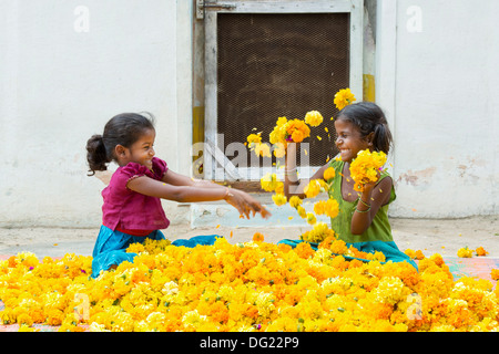 Indische Bauerndorf Mädchen spielen Ringelblumen nach einander zu werfen. Andhra Pradesh, Indien Stockfoto