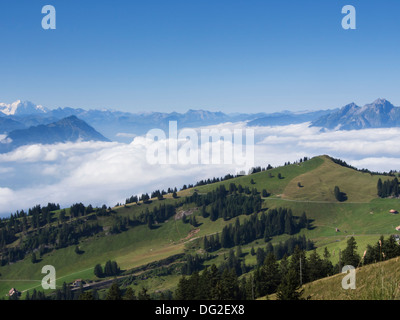 Panorama Aussicht vom Gipfel der Rigi Kulm, Schweiz blauen dunstigen Berge über Wolken, Weiden grünen Hügeln Bäume Stockfoto