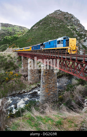 In der Nähe von Dunedin, Südinsel, Neuseeland. Die taieri Gorge Railway. Ein Zug überquert eine der viadukte auf dem Weg von Dunedin zu Pukerangi Stockfoto