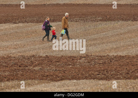 Llanwarne, Herefordshire, England. 12. Oktober 2013. Eine Familie bummeln Sie durch eines der vielen gepflügten Ereignisfelder. Mehr als 230 Top britischen Ackermänner konkurrieren in den 2013 britische Pflügen Meisterschaften zum ersten Mal in 27 Jahren Herefordshire zugeführt haben. Die Top Parteischulen der einzelnen Klassen (reversibel und konventionelle) vertreten Großbritannien bei den Pflügen-Weltmeisterschaften 2014 in Frankreich stattfinden. Bildnachweis: Graham M. Lawrence/Alamy Live-Nachrichten. Stockfoto