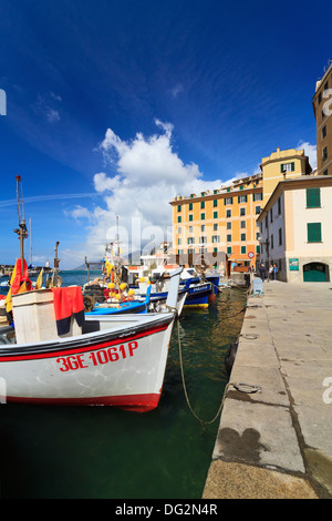 Hafen Sie mit Fischerbooten in Camogli, berühmte Kleinstadt in Ligurien, Italien Stockfoto