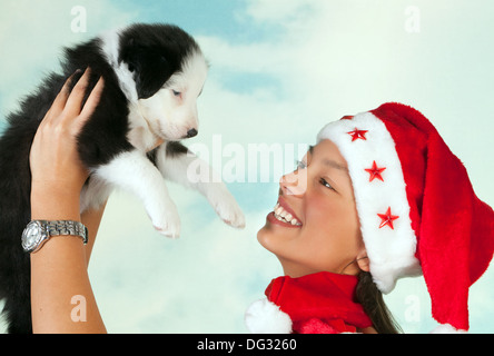 Schöne Mädchen mit Weihnachtsmütze hält einen niedlichen kleinen Border-Collie-Welpen Stockfoto