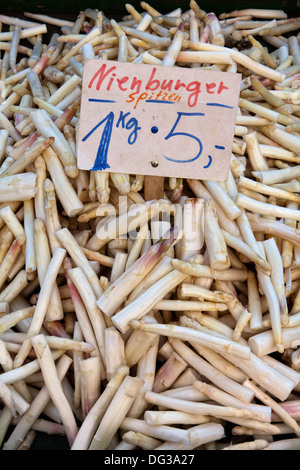 Spargel aus Nienburg an einem Marktstand, Hannover, Niedersachsen, Deutschland Stockfoto