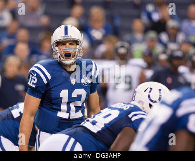 Indianapolis, OH, USA. 6. Oktober 2013. 6. Oktober 2013: Indianapolis Colts quarterback Andrew Luck (12) ruft das Spiel während der NFL-Spiel zwischen den Seattle Seahawks und die Indianapolis Colts im Lucas Oil Stadium in Indianapolis, IN. Die Indianapolis Colts gegen die Seattle Seahawks 34-28. © Csm/Alamy Live-Nachrichten Stockfoto