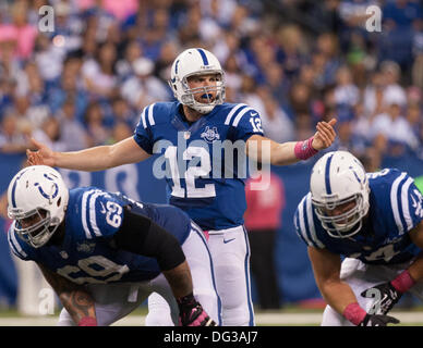 Indianapolis, OH, USA. 6. Oktober 2013. 6. Oktober 2013: Indianapolis Colts quarterback Andrew Luck (12) an der Line Of Scrimmage während der NFL-Spiel zwischen den Seattle Seahawks und die Indianapolis Colts im Lucas Oil Stadium in Indianapolis, IN. Die Indianapolis Colts gegen die Seattle Seahawks 34-28. © Csm/Alamy Live-Nachrichten Stockfoto