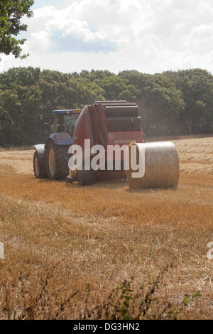 Runde net gebunden und umwickelte Ballen mit Traktor gezogen, Pressen Maschine, arbeiten über Reihen von Stroh, vom Mähdrescher. Stockfoto