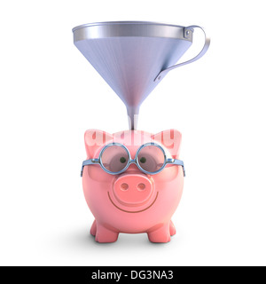 Sparschwein mit Trichter, alle Münzen zu bekommen. Mit Clipping-Pfad enthalten. Stockfoto