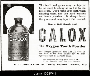 Original 1900er Jahren Werbung Werbung CALOX Sauerstoff ZAHNPULVER. Magazin Anzeige ca. 1908 Stockfoto