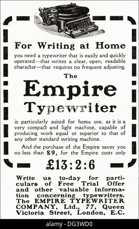Original 1900er Jahren Werbung Werbung THE EMPIRE Schreibmaschine. Magazin Anzeige ca. 1908 Stockfoto