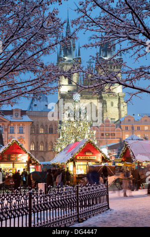 Verschneite Weihnachtsmarkt und Teynkirche, Altstädter Ring, Prag, Tschechische Republik, Europa Stockfoto