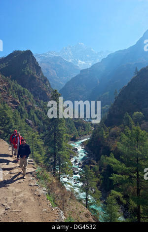 Wanderer auf Spur zum Dudh Koshi River, zwischen Phakding und Namche, Chumoa, Everest Base Camp Trek, Solukhumbu, Nepal, Himalaya Stockfoto