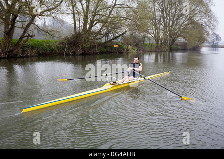 Ein Mann in einem Skiff Ruderboot auf dem Fluß Avon in Bath, Großbritannien. Stockfoto