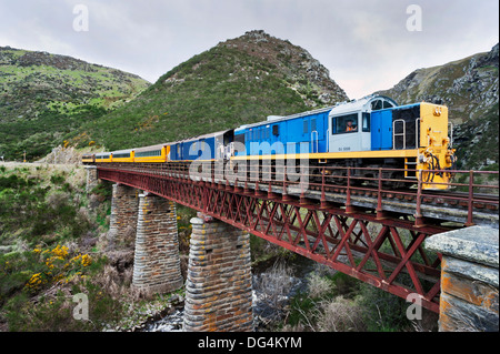 In der Nähe von Dunedin, Südinsel, Neuseeland. Die taieri Gorge Railway. Ein Zug überquert eine der viadukte auf dem Weg von Dunedin zu Pukerangi Stockfoto