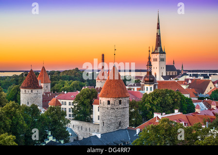 Skyline von Tallinn, Estland nach Sonnenuntergang. Stockfoto