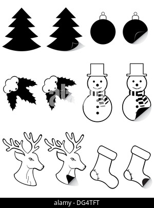 Ikonen-Etiketten für Weihnachten und Neujahr schwarze Silhouette Abbildung isoliert auf weißem Hintergrund Stockfoto