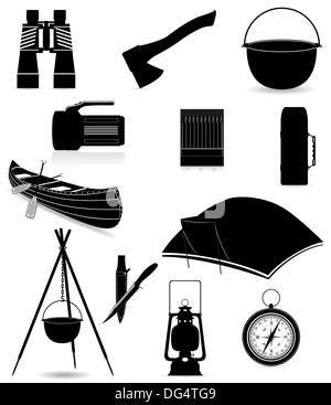 Stellen Sie Symbole Punkte für Erholung im freien schwarzen Silhouette Abbildung isoliert auf weißem Hintergrund Stockfoto