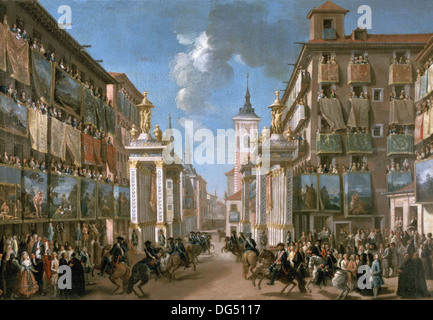 Lorenzo Quiros (1717-1789). Der König Charles III Eintrag in Madrid. Spain.1760 durch Calle Mayor. Stockfoto