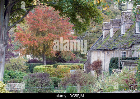 Country Cottage Iford im Herbst Cotswold Stone Schiefer Fliesen herbstlichen buchen- und formale Gärten Wiltshire South West England UK Stockfoto