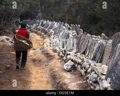 Ein Sherpa Porter Wandern neben Mani-Steinen auf dem Weg zum Everest Base Camp in Nepal. Stockfoto