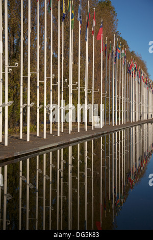 Flaggen aus aller Welt vor ein Pool auf dem Gelände der Expo 98 Lissabon in Lissabon, Portugal Stockfoto