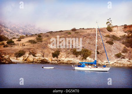 Ein Segelboot und schmuddeligen verankert in einer Bucht auf Catalina Island. Stockfoto