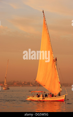 Feluke Boot Segeln auf dem Nil bei Sonnenuntergang, Luxor, Ägypten Stockfoto