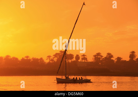 Feluke Boot Segeln auf dem Nil bei Sonnenuntergang, Luxor, Ägypten Stockfoto