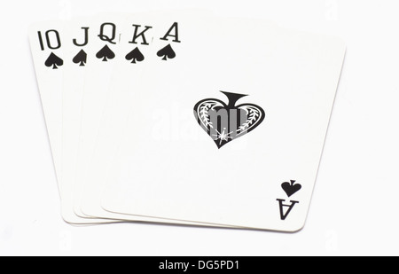 Royal Straight Flush In Pik Over White Background Stockfoto