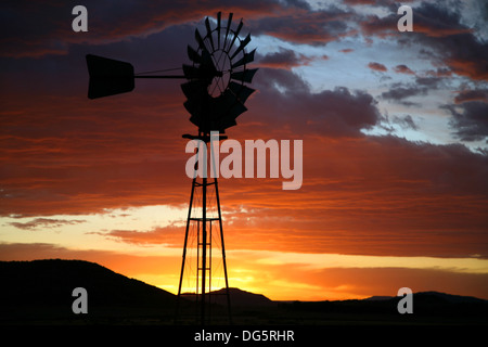 Alte Farm Windmühle für das Pumpen von Wasser mit drehenden Messer bei Sonnenuntergang in Südafrika Stockfoto