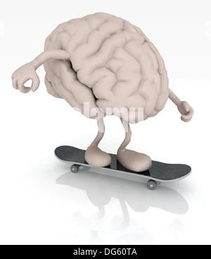 menschlichen Gehirns mit Armen und Beinen auf Skateboard, 3d illustration Stockfoto