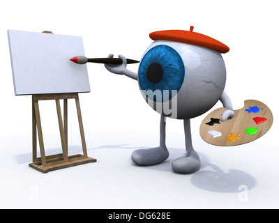 Big Eye mit Arme und Beine, Maler mit Pinsel und Staffelei Stockfoto