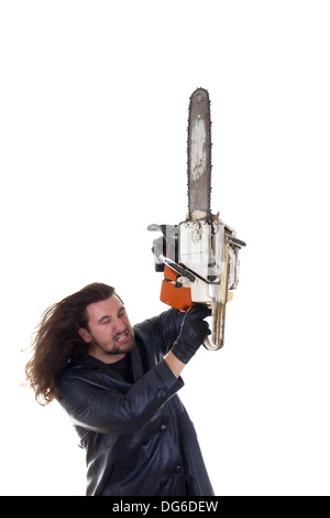 Mann mit Kettensäge in Wut Stockfoto